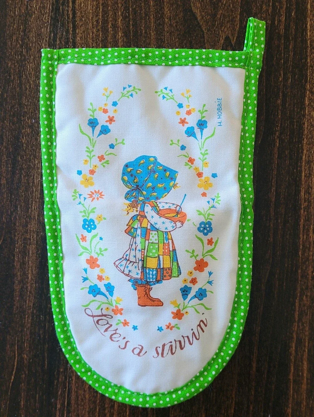 Vtg 70s Holly Hobbie Loves A Stirrin Kitchen Linen Set Towel Washcloth Mitt NWOT